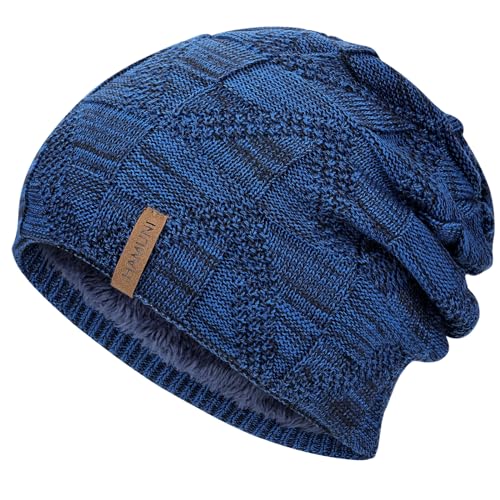 HAMUNI Mütze Damen - Atmungsaktiv Strickmütze Herren - Slouch Beanie Mütze mit Weichem Fleece Innenfutter - Unisex Wintermütze - Klassische Herren Damen Mütze für Herbst Winter Frühjahr (Marineblau) von HAMUNI