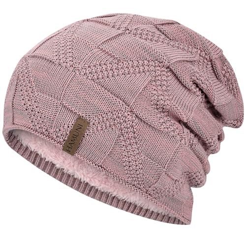 HAMUNI Mütze Damen - Atmungsaktiv Strickmütze Herren - Slouch Beanie Mütze mit Weichem Fleece Innenfutter - Unisex Wintermütze - Klassische Herren Damen Mütze für Herbst Winter Frühjahr (Rosa) von HAMUNI