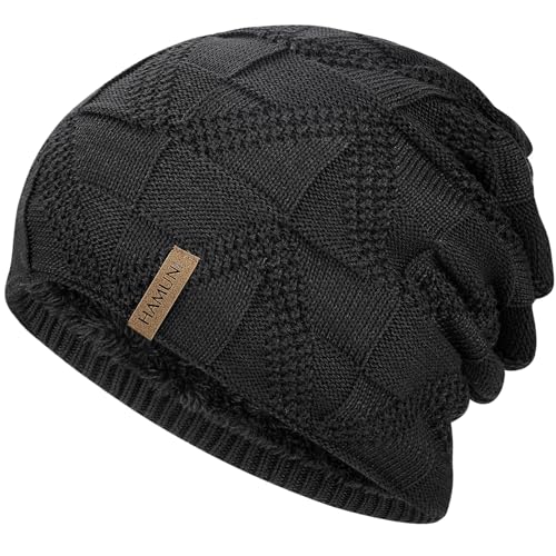 HAMUNI Mütze Damen - Atmungsaktiv Strickmütze Herren - Slouch Beanie Mütze mit Weichem Fleece Innenfutter - Unisex Wintermütze - Klassische Herren Damen Mütze für Herbst Winter Frühjahr (Schwarz) von HAMUNI