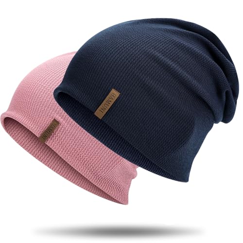 HAMUNI Mütze Damen Dünne Mütze Herren - Slouch Beanie Mütze - Leicht Weich Chemo Mütze - Atmungsaktiv Long Beanie - Elastisch Mütze - Ideale Beanie Mütze für Alle Jahreszeiten (Rosa+Dunkelblau) von HAMUNI