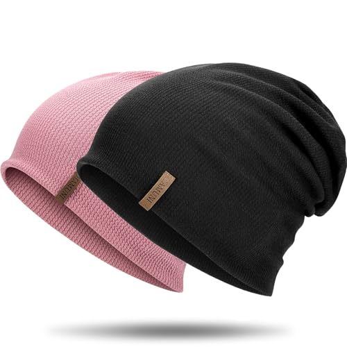 HAMUNI Mütze Damen Dünne Mütze Herren - Slouch Beanie Mütze - Leicht Weich Chemo Mütze - Atmungsaktiv Long Beanie - Elastisch Mütze - Ideale Beanie Mütze für Alle Jahreszeiten (Schwarz+Rosa) von HAMUNI