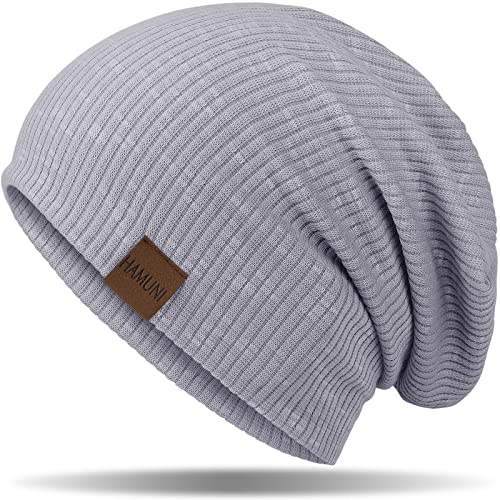 HAMUNI Mütze Damen Slouch Beanie Mütze Herren Elastisch Weich Bequem Jersey Mütze Klassische Mode Longbeanie perfekt für Frühling Herbst und Winter (Grau) von HAMUNI