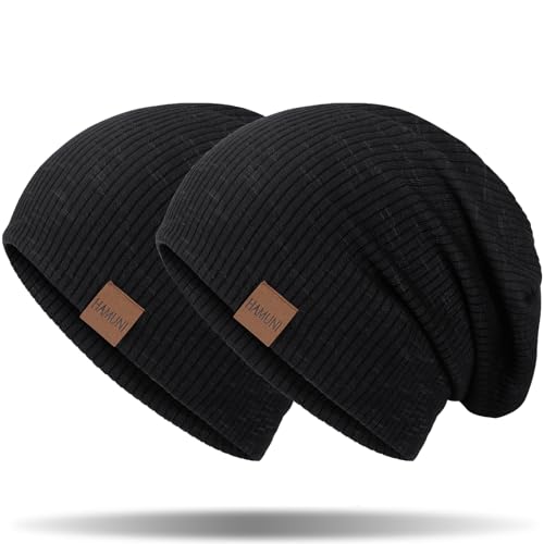 HAMUNI Mütze Damen Slouch Beanie Mütze Herren Elastisch Weich Bequem Jersey Mütze Klassische Mode Longbeanie perfekt für Frühling Herbst und Winter (Schwarz+Schwarz) von HAMUNI