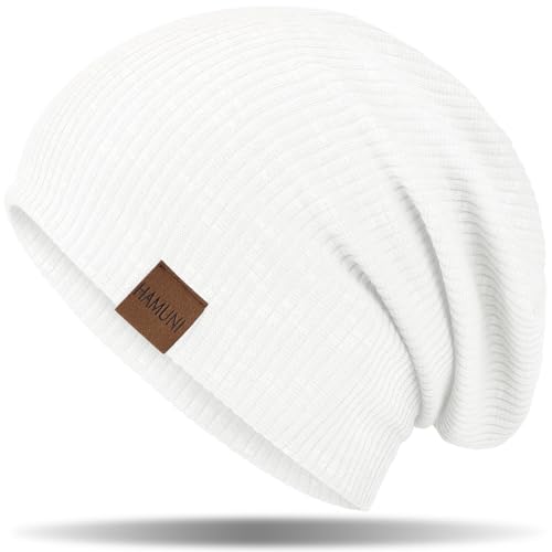 HAMUNI Mütze Damen Slouch Beanie Mütze Herren Elastisch Weich Bequem Jersey Mützen Klassische Mode Longbeanie perfekt für Frühling Herbst und Winter (Schnee Weiß) von HAMUNI