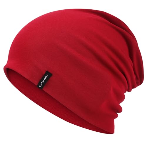 HAMUNI Slouchy Beanie Mütze Damen, Bequeme Baumwolle Mütze Herren, Doppellagige Weiche Winddichte Dünne Mütze, Klassische Modische Beanie Mütze Perfekt für den Alltag und Übergangszeiten (Weinrot) von HAMUNI