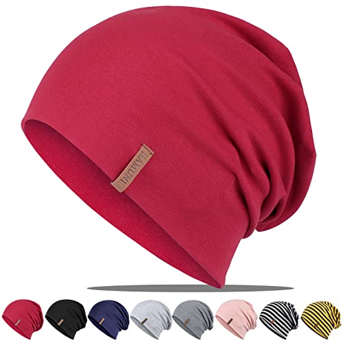 Mütze Damen Herren, Slouch Beanie Mütze, Weich Dünne Mütze aus Baumwolle, Leichte Atmungsaktiv Longbeanie, Jersey Chemo Mütze, Elastisch Laufmütze für Alle Jahreszeiten Rot von HAMUNI