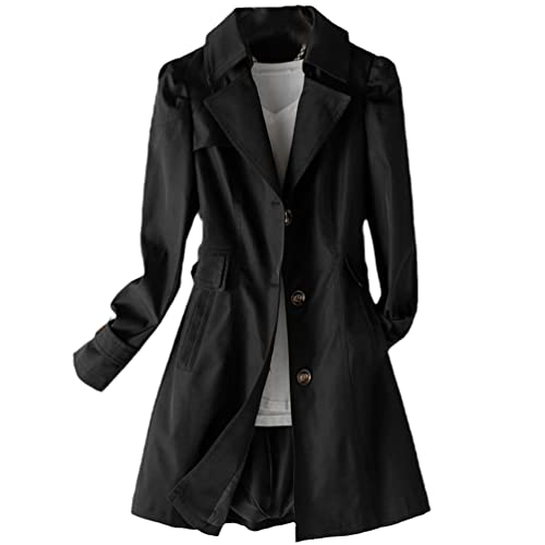 Frühling Windbreaker Lang Trenchcoat Frauen Einreihig Slim Trenchcoat Female Outwear Langarm Trench, Schwarz , 42 von HAN HONG