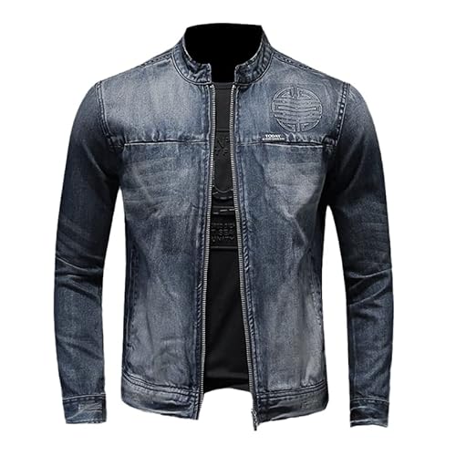 HAN HONG Herren-Jeansjacke mit Stehkragen, Frühling, Herbst, Motorrad, Jeansjacke, Reißverschluss, lässiger Biker-Mantel, blau, XL von HAN HONG