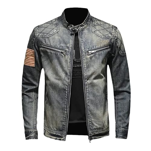 HAN HONG Motorrad-Denim-Jacke für Herren, Flagge, Mantel, Stehkragen, Stickerei, Jeans, Freizeitkleidung, blau, XL von HAN HONG