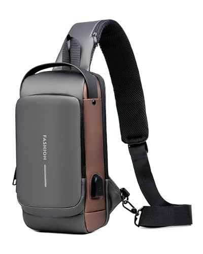 HAN-LBG Umhängetaschen für Männer und Frauen, wasserdichte Brusttasche mit USB-Ladeanschluss Anti-Diebstahl-Schloss Crossbody-Rucksack Flex-Schultertasche für Wandern Radfahren Reisen (Grau-Gold) von HAN-LBG
