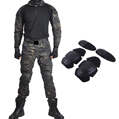 HAN·WILD Herren Militäruniform Taktischer Anzug Kampfshirts und Hosen BDU Airsoft Paintball Kleidung mit Knieschonern, Schwarz Camouflage, Medium von HAN·WILD