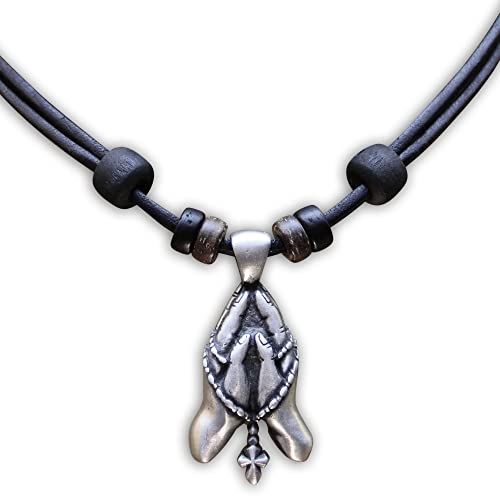 HANA LIMA Lederkette Betende Hände Rosenkranz Halskette Herren Damen Metallanhänger von HANA LIMA