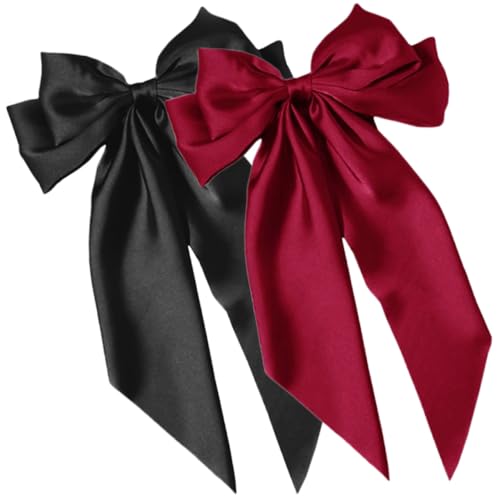 HANABASS 2 Stück Große Satin Haarschleifen Clips Damen Stilvolle Langband Haarspangen für Frauen Vintage Stil Haarschmuck mit Schichtdesign Vielseitige Haarklammern für Alltag und Party von HANABASS