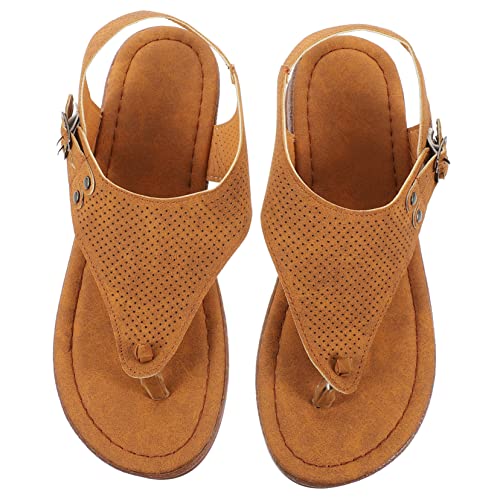 HANABASS Damen Sandalen Flach Keilabsatz Sommer Strand Slipper Leichte PU Riemen Komfortable Badeschuhe für Urlaub Alltag Hellbraun Zehentrenner Sandaletten von HANABASS
