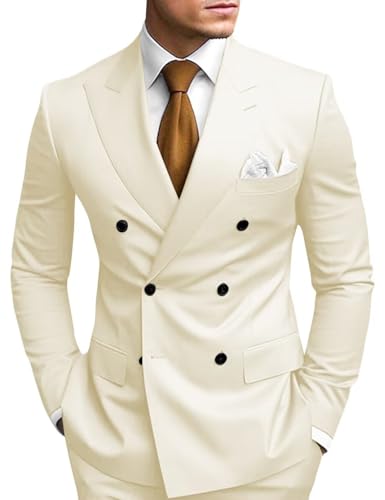 HANBANGWEI Zweireihiger Anzug für Herren, schmale Passform, zweireihig, Blazer, Hosen-Set, Hochzeit, Abschlussball, Heimkehr-Anzug, 2-teilig, Beige, S HANBANGWEI Zweireihiger Anzug für Herren, schmale Passform, zweireihig, Blazer, Hosen-Set, Hochzeit, Abschlussball, Heimkehr-Anzug, 2-teilig, Beige, S von HANBANGWEI