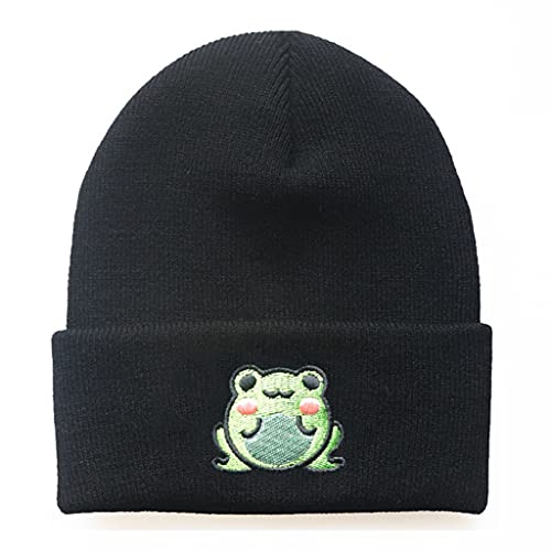 HANBOLI Strickmütze, Einfache Mode Strickmütze Curl Edge Hut Persönlichkeit Strickmütze Niedlichen Cartoon Frosch Stickerei Mütze Herbst Winter Unisex Schwarz von Erkic