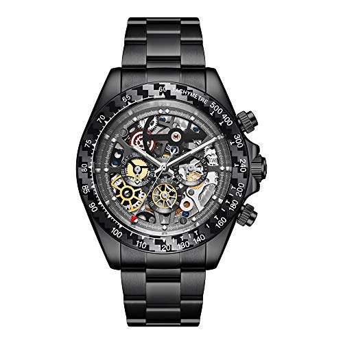 HANBORO Herren-Armbanduhr, automatisch, Skelett, mechanische Kohlefaser, mit Edelstahl-Armband, 88879, Schwarz, Automatikuhr, mechanisch HANBORO Herren-Armbanduhr, automatisch, Skelett, mechanische Kohlefaser, mit Edelstahl-Armband, 88879, Schwarz, Automatikuhr, mechanisch von HANBORO