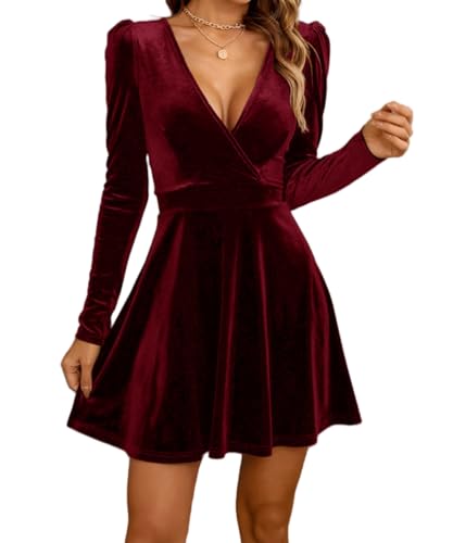 HANDAFA Samtkleid für Damen V-Ausschnitt Wickelkleid Langarm Cocktail Flare Kleid für Hochzeit Party, Rot/Ausflug, einfarbig (Getaway Solids), Mittel von HANDAFA