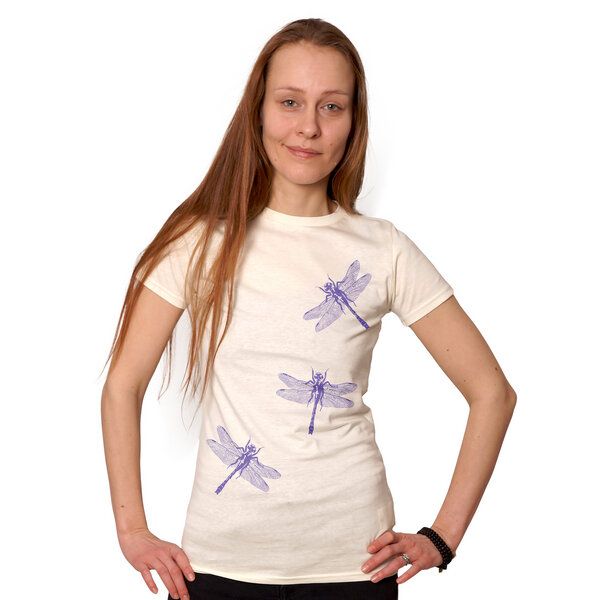 HANDGEDRUCKT "3 Azurjungfern" Frauen-T-SHIRT von Earth Positiv Biobaumwolle HANDGEDRUCKT "3 Azurjungfern" Frauen-T-SHIRT von Earth Positiv Biobaumwolle von HANDGEDRUCKT