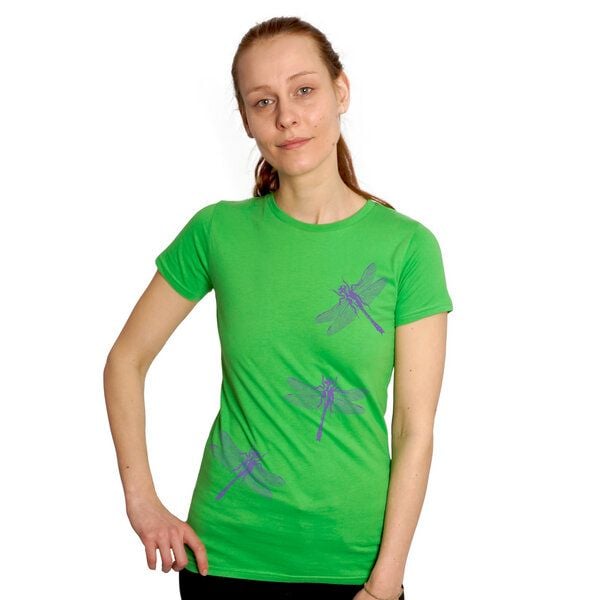 HANDGEDRUCKT "3 Azurjungfern" Frauen-T-SHIRT von Earth Positiv Biobaumwolle HANDGEDRUCKT "3 Azurjungfern" Frauen-T-SHIRT von Earth Positiv Biobaumwolle von HANDGEDRUCKT