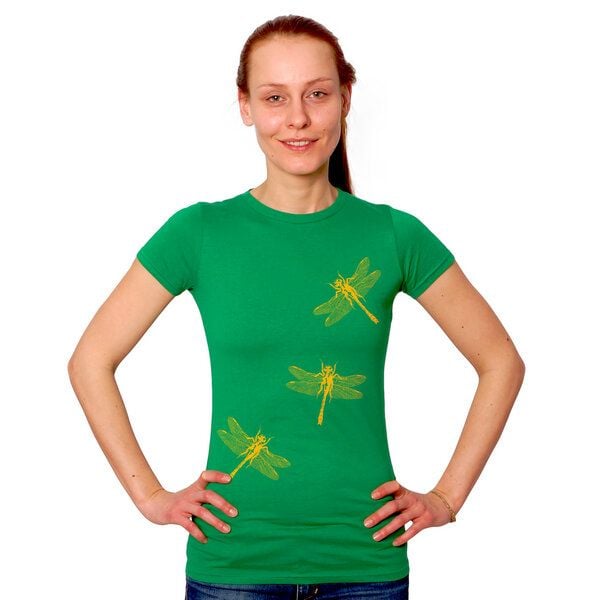 HANDGEDRUCKT "3 Azurjungfern" Frauen-T-SHIRT von Earth Positiv Biobaumwolle HANDGEDRUCKT "3 Azurjungfern" Frauen-T-SHIRT von Earth Positiv Biobaumwolle von HANDGEDRUCKT