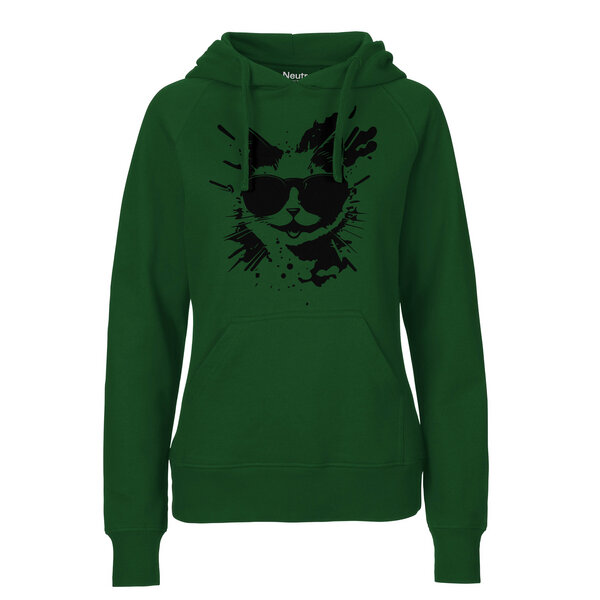 HANDGEDRUCKT "Cool Cat" Frauen HOODY aus reiner Biobaumwolle (kbA) von HANDGEDRUCKT