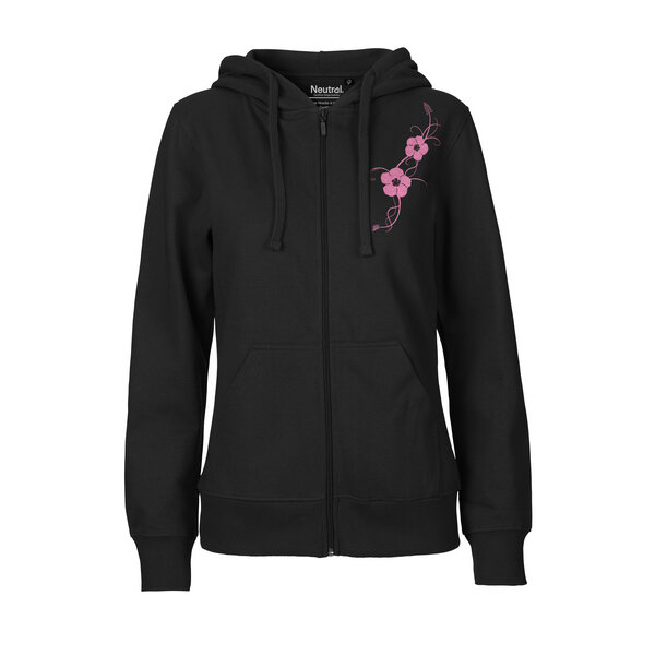 HANDGEDRUCKT "Hibisken" Frauen Zip-HOODY aus reiner Biobaumwolle (kbA) von HANDGEDRUCKT