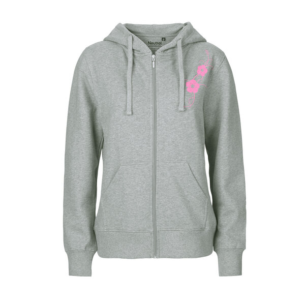 HANDGEDRUCKT "Hibisken" Frauen Zip-HOODY aus reiner Biobaumwolle (kbA) von HANDGEDRUCKT