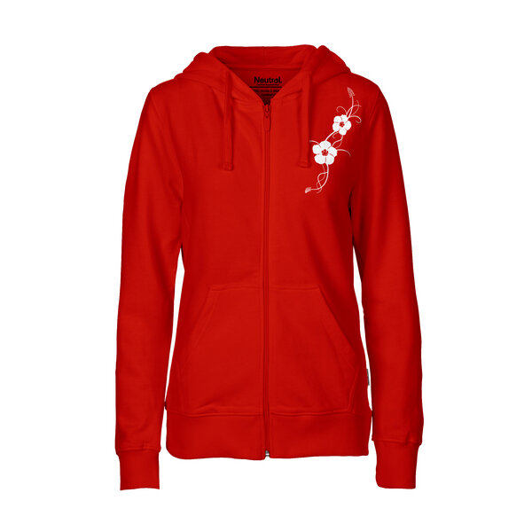 HANDGEDRUCKT "Hibisken" Frauen Zip-HOODY aus reiner Biobaumwolle (kbA) von HANDGEDRUCKT