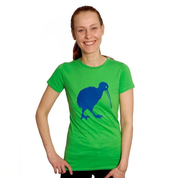 HANDGEDRUCKT "Kiwi" Frauen-T-SHIRT von Earth Positiv Biobaumwolle von HANDGEDRUCKT