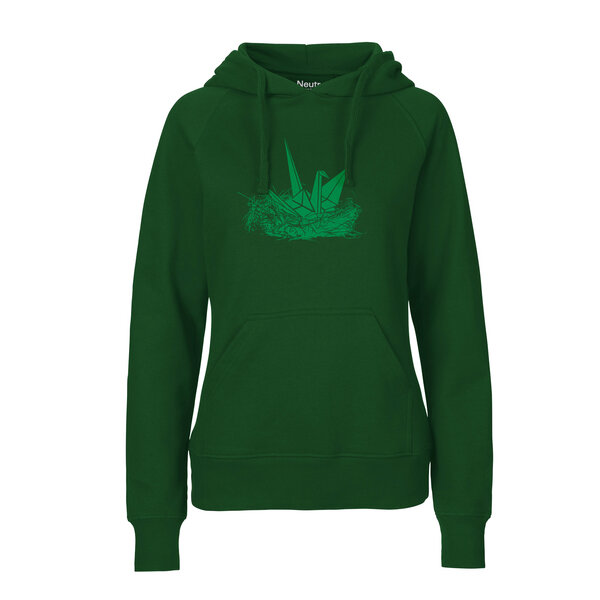 HANDGEDRUCKT "Origami-Kranich" Frauen HOODY aus reiner Biobaumwolle (kbA) von HANDGEDRUCKT