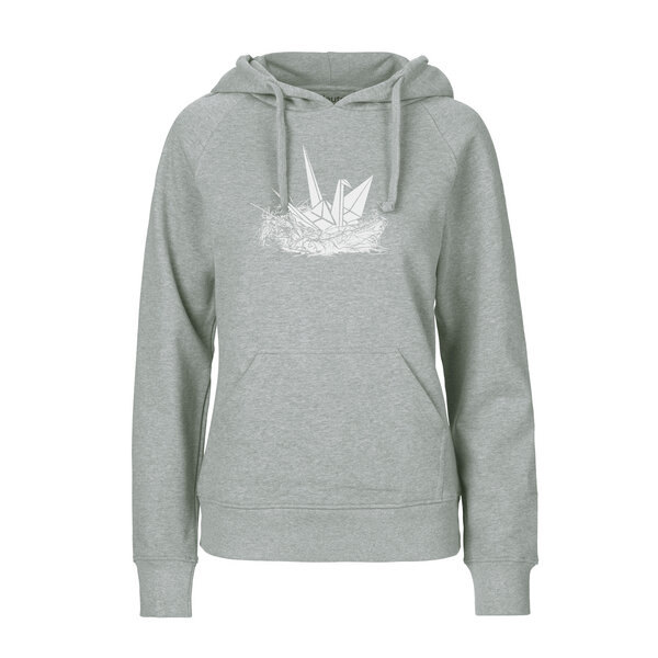 HANDGEDRUCKT "Origami-Kranich" Frauen HOODY aus reiner Biobaumwolle (kbA) von HANDGEDRUCKT