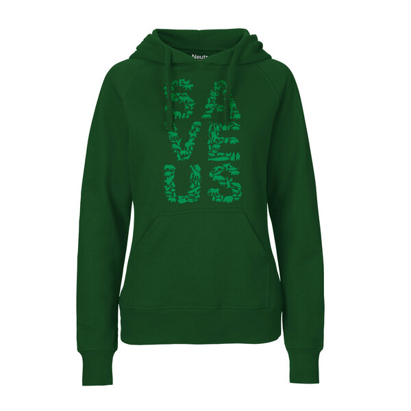 HANDGEDRUCKT "Save us" Frauen HOODY aus reiner Biobaumwolle (kbA) von HANDGEDRUCKT