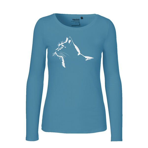 HANDGEDRUCKT "Stubentiger" Frauen Longsleeve aus reiner Biobaumwolle (kbA) von HANDGEDRUCKT