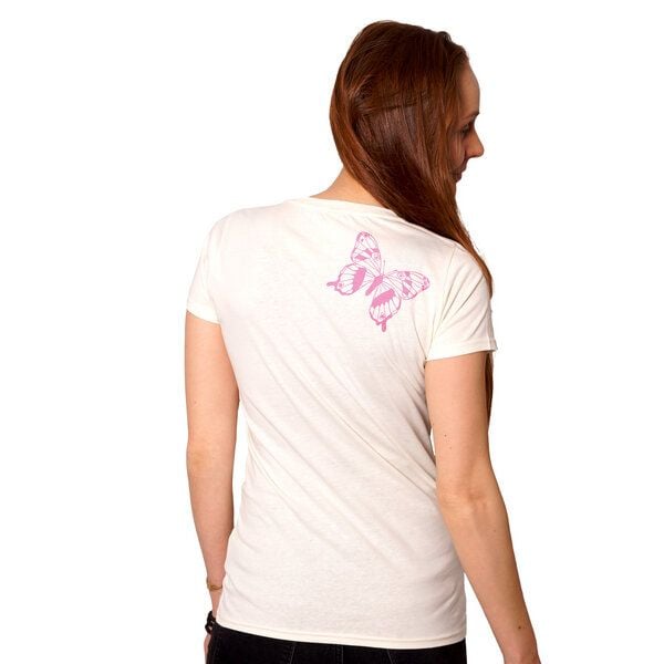 HANDGEDRUCKT "Tagpfauenauge 01" Schmetterling Frauen-T-SHIRT von Earth Positiv Biobaumwolle von HANDGEDRUCKT