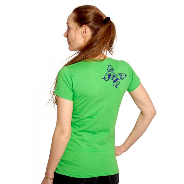 HANDGEDRUCKT "Tagpfauenauge 01" Schmetterling Frauen-T-SHIRT von Earth Positiv Biobaumwolle von HANDGEDRUCKT