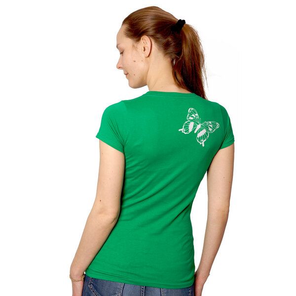 HANDGEDRUCKT "Tagpfauenauge 01" Schmetterling Frauen-T-SHIRT von Earth Positiv Biobaumwolle von HANDGEDRUCKT