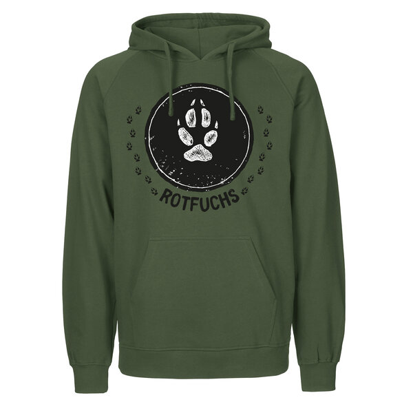 HANDGEDRUCKT "Trittsiegel RotFuchs" Männer Hoody aus reiner Biobaumwolle (kbA) von HANDGEDRUCKT