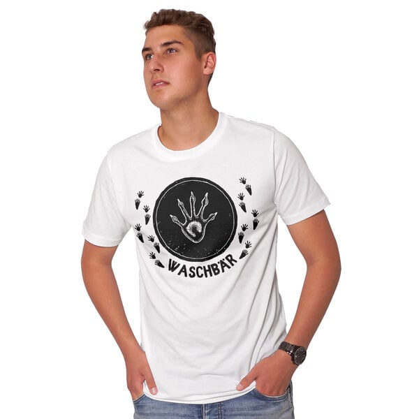 HANDGEDRUCKT "Trittsiegel Waschbär" Männer T-Shirt reine Biobaumwolle (kbA) von HANDGEDRUCKT