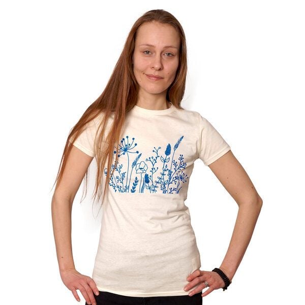 HANDGEDRUCKT "Wilde Wiese" Frauen-T-SHIRT von Earth Positiv Biobaumwolle von HANDGEDRUCKT