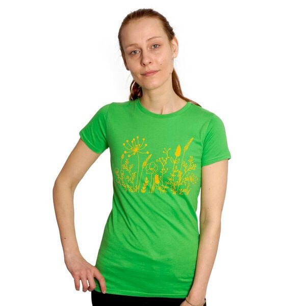HANDGEDRUCKT "Wilde Wiese" Frauen-T-SHIRT von Earth Positiv Biobaumwolle von HANDGEDRUCKT