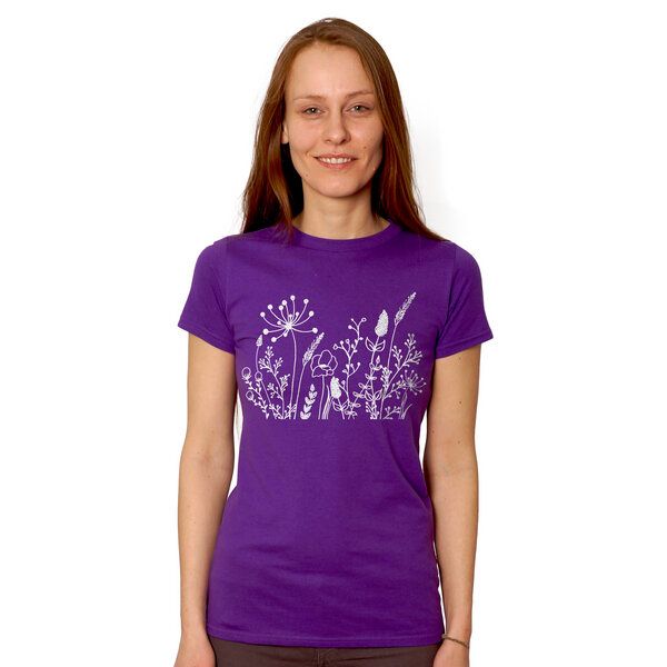 HANDGEDRUCKT "Wilde Wiese" Frauen-T-SHIRT von Earth Positiv Biobaumwolle von HANDGEDRUCKT