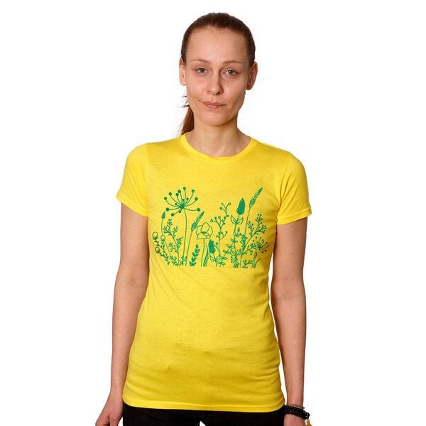 HANDGEDRUCKT "Wilde Wiese" Frauen-T-SHIRT von Earth Positiv Biobaumwolle von HANDGEDRUCKT