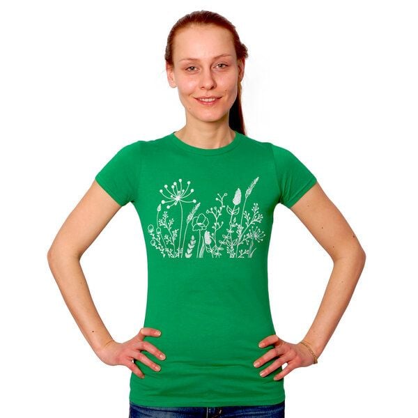 HANDGEDRUCKT "Wilde Wiese" Frauen-T-SHIRT von Earth Positiv Biobaumwolle von HANDGEDRUCKT