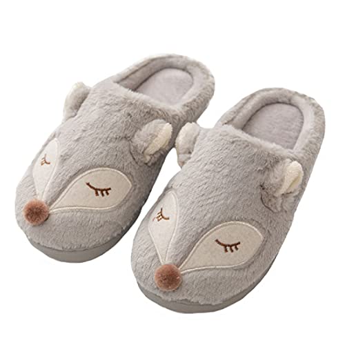 HANDKEI Frauen Hausschuhe Fuchs Cartoon Tier Hausschuhe Memory Foam Hausschuhe rutschfest nach Hause warme Hausschuhe (38/39 EU, hellgrau, numeric_38) von HANDKEI