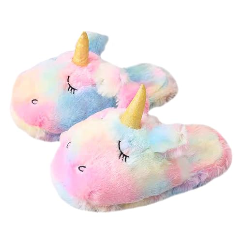 HANDKEI Niedliche Regenbogen Einhorn Hausschuhe Plüschtier Hausschuhe Winter Warm Home Indoor Hausschuhe (35/38 EU, Farbe 1, numeric_35) von HANDKEI