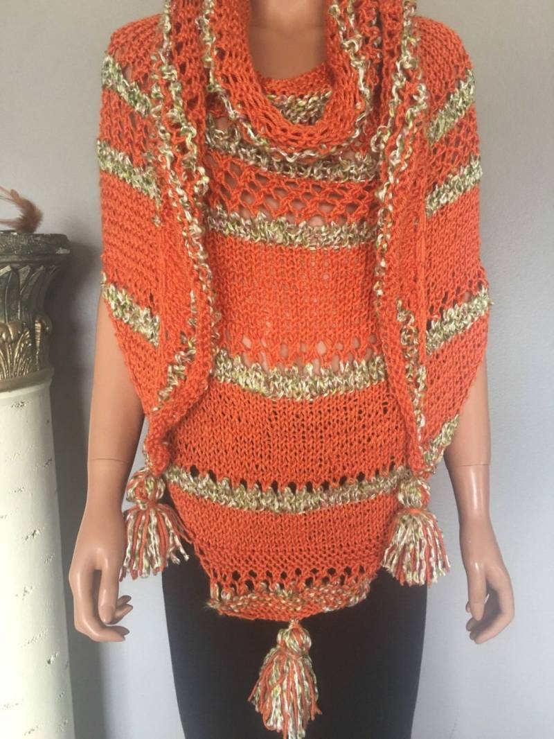 Dreieckstuch Hand Gestrickt Frühling Sommer Frauen Extra Groß Orange Grün Designer Mode Hip Chic Geschenk Geburtstag Gebet Hochzeit Kirche Stylisch von HANDKNITS2LOVE