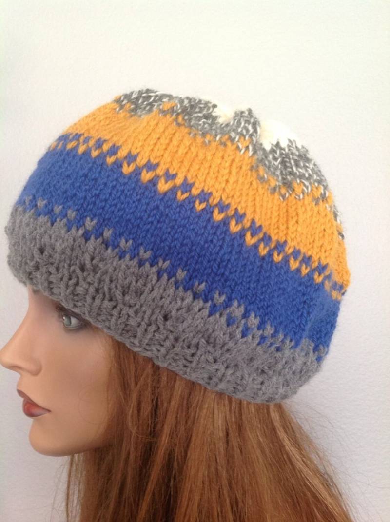 Handgestrickte Mütze Beanie Slouch Multicolor Fair-Isle Wolle Rot Herz Ski Snowboarden Hip Fun von HANDKNITS2LOVE