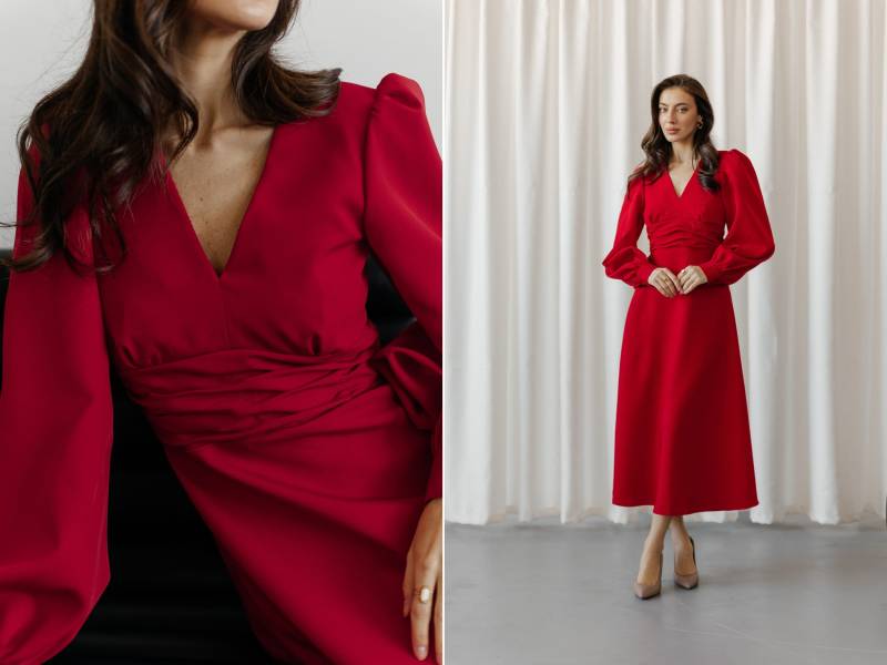 Atemberaubendes Rotes Performance Kleid Mit V-Ausschnitt Und Tellerrock. Puffärmeln. Rotes Brautkleid. Abendkleid. Cocktailkleid von HANDMADEGARMENT