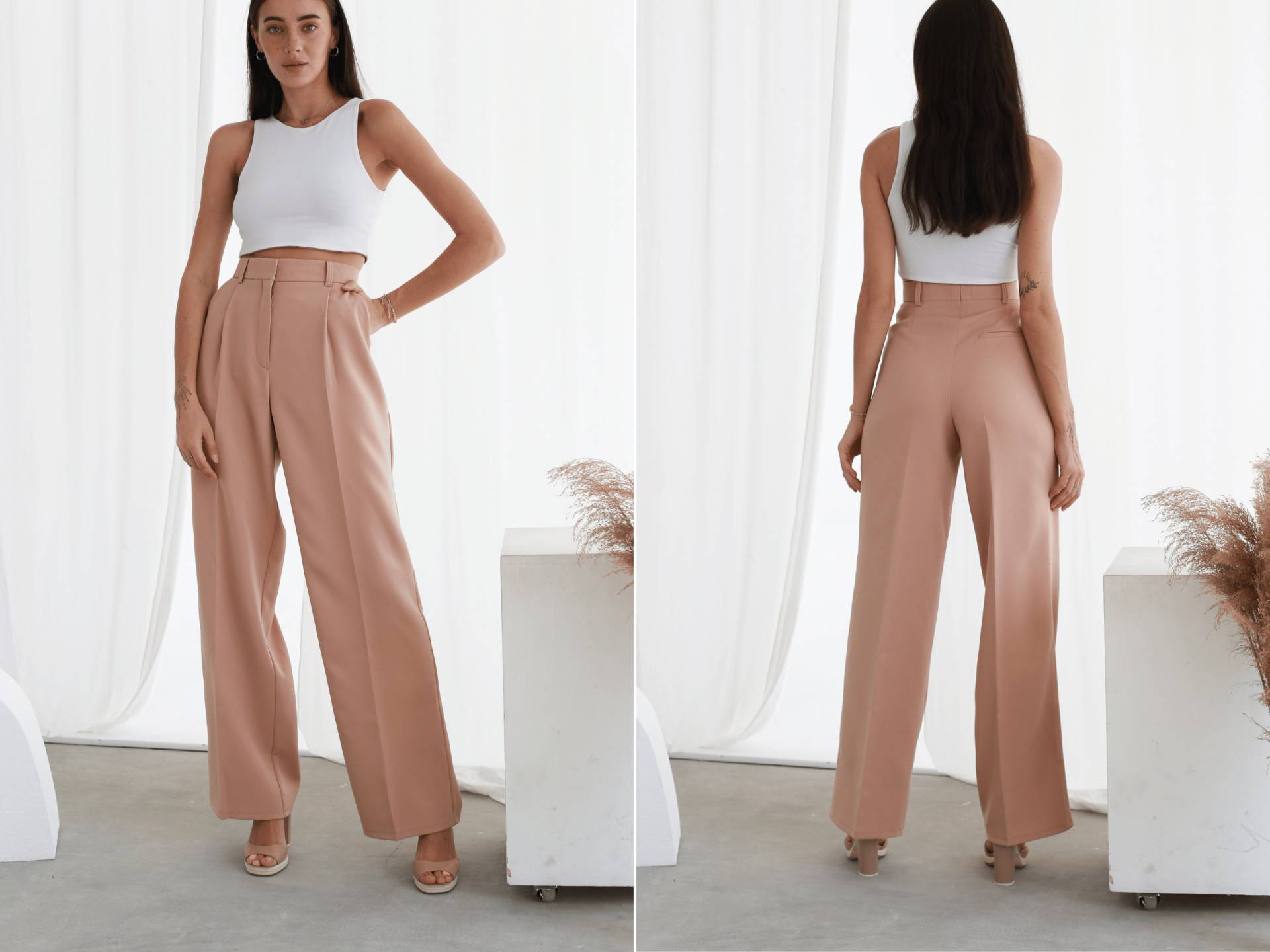 Beige Hoch Taillierte Palazzohose Damenhose Mit Weitem Bein von HANDMADEGARMENT